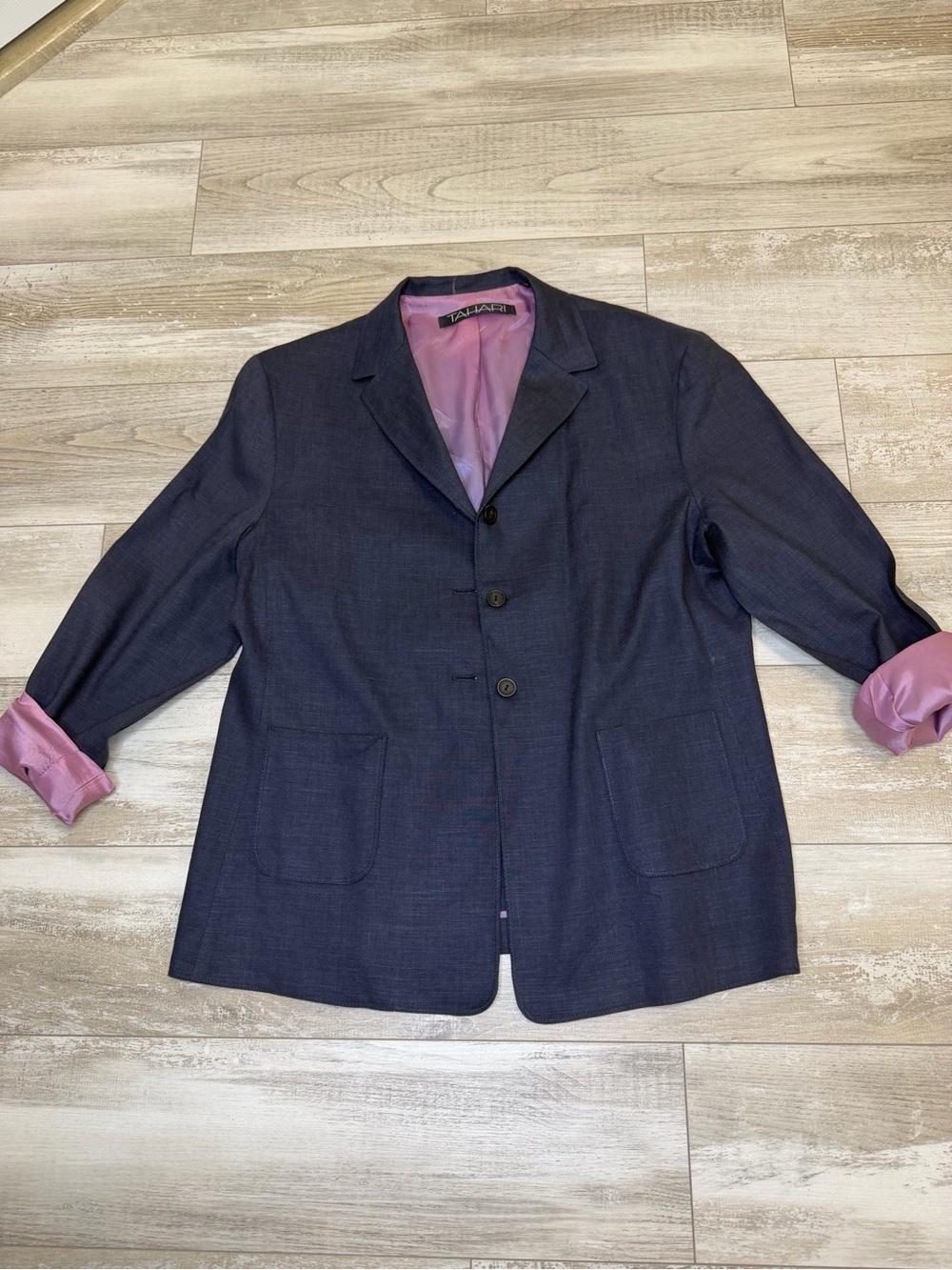 Tahari Blue Gray Linen Blend Blazer Jacket Size 12